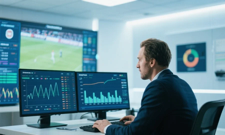 一位体育分析师在明亮的工作室内，专注分析比赛数据，屏幕上有图表和赛事信息